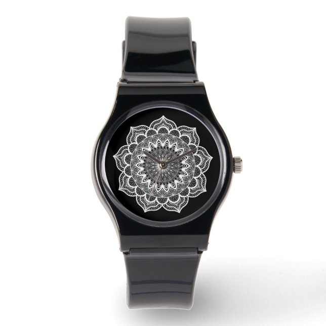 White Mandala on Black Background Watch (Front)