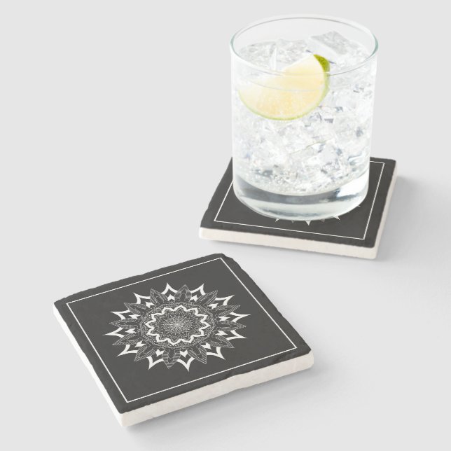 White mandala on black stone coaster (Side)