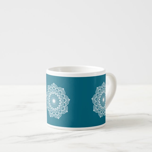 White Mandala on Blue Background Espresso Cup (Front Right)