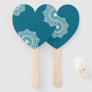White Mandala on Blue Background Hand Fan