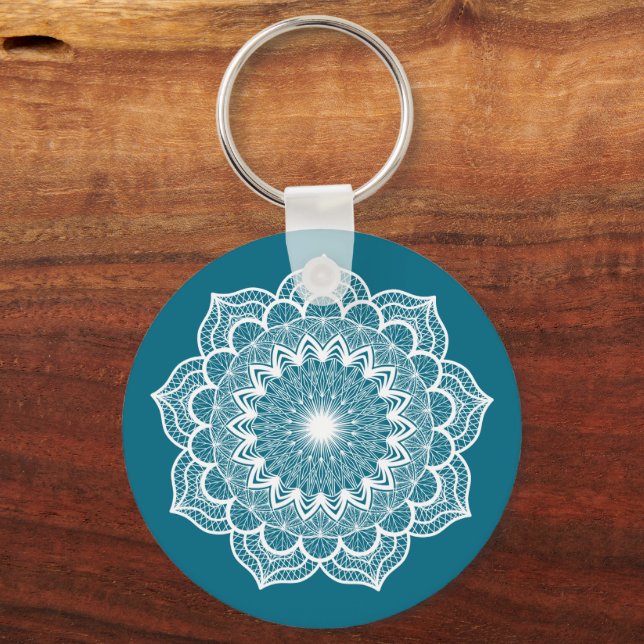 White Mandala on Blue Background Keychain (Front)
