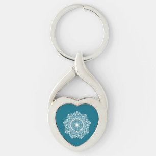 White Mandala on Blue Background Keychain