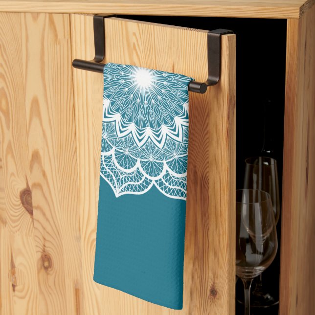 White Mandala on Blue Background Kitchen Towel (Thirds Fold)