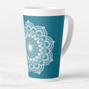 White Mandala on Blue Background Latte Mug