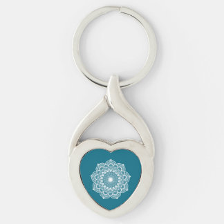 White mandala on blue background Metal Keychain