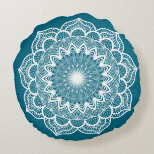 White Mandala on Blue Background Round Pillow