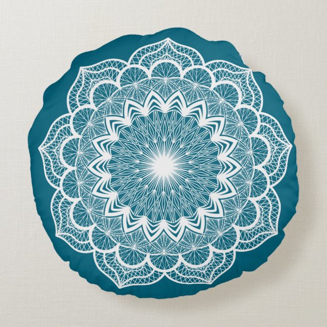 White Mandala on Blue Background Round Pillow (Back)