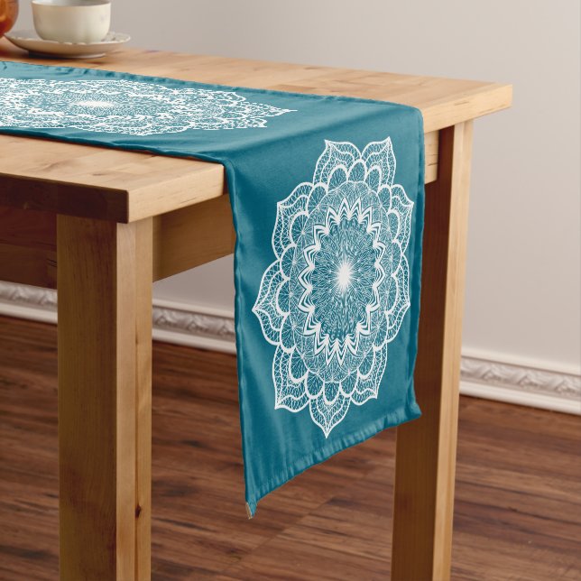 White Mandala on Blue Background Short Table Runner (In Situ)