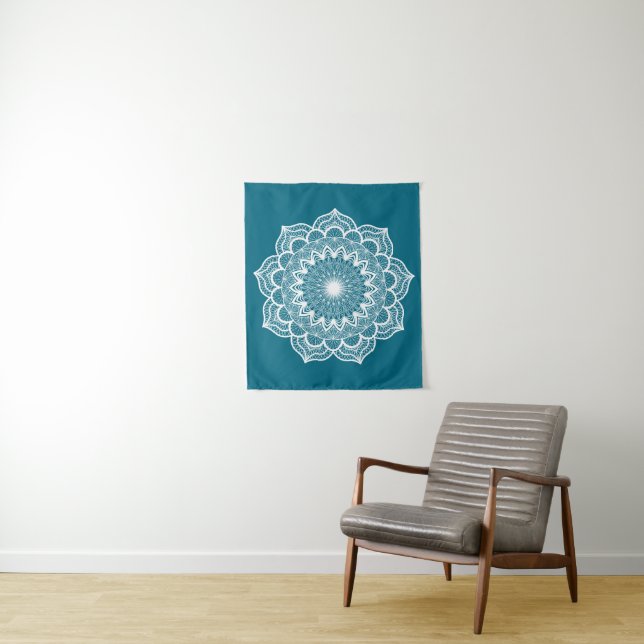 White Mandala on Blue Background Tapestry (In Situ)