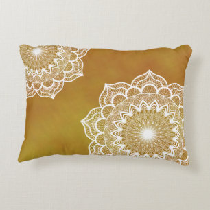 White mandala on gold background accent pillow