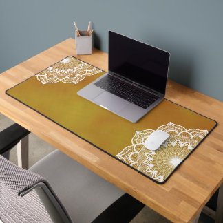 White Mandala on Gold Background Desk Mat