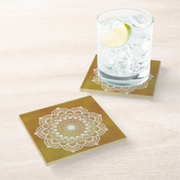 White Mandala on Gold Background Glass Coaster