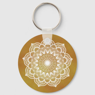 White Mandala on Gold Background Keychain