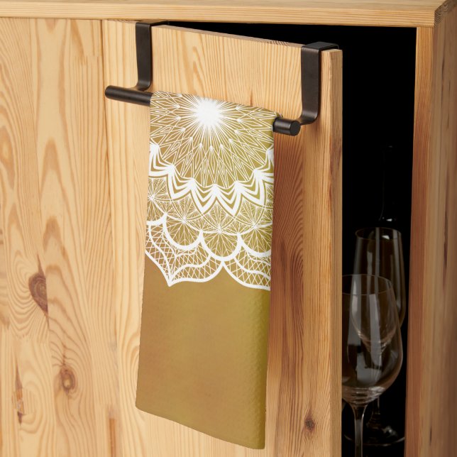 White Mandala on Gold Background Kitchen Towel (Thirds Fold)
