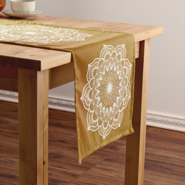 White Mandala on Gold Background Short Table Runner (In Situ)