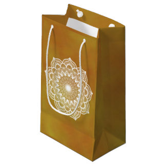 White mandala on gold background small gift bag