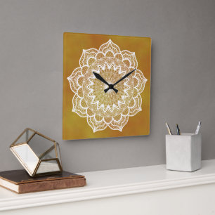 White Mandala on Gold Background Square Wall Clock