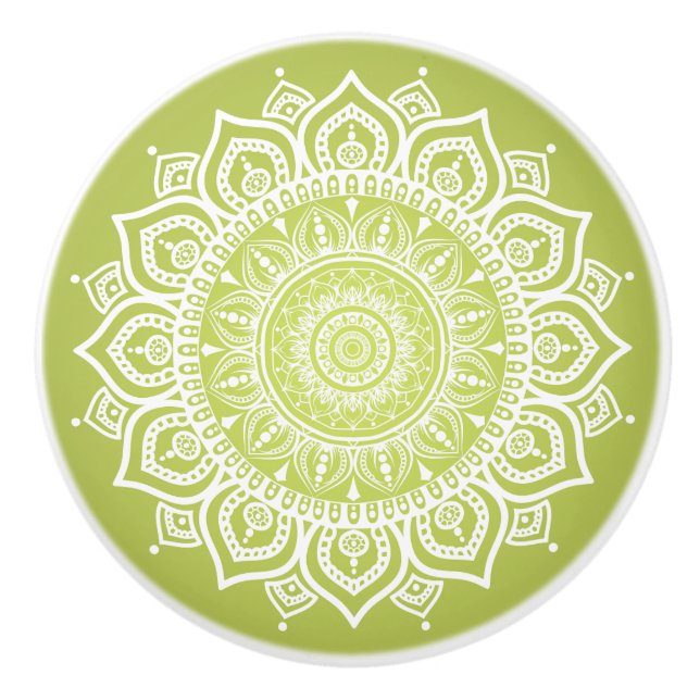 White Mandala on Green Ceramic Pull Knob (Front)