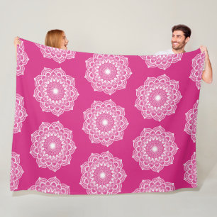 White Mandala on Pink Background Fleece Blanket