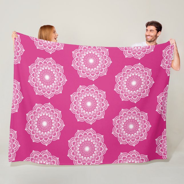 White Mandala on Pink Background Fleece Blanket (In Situ)