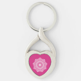 White Mandala on Pink Background Keychain