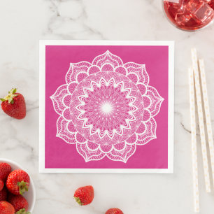 White Mandala on Pink Background Napkin