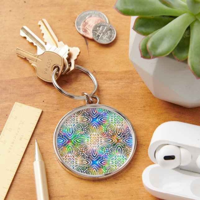 White Mandala Pattern Over Colorful Jewel Tones Keychain (Desk)