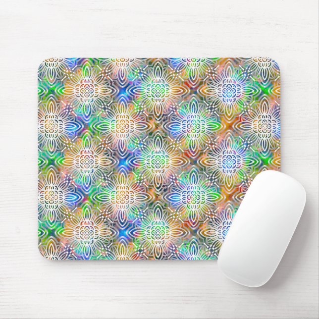 White Mandala Pattern Over Colorful Jewel Tones Mouse Pad (With Mouse)