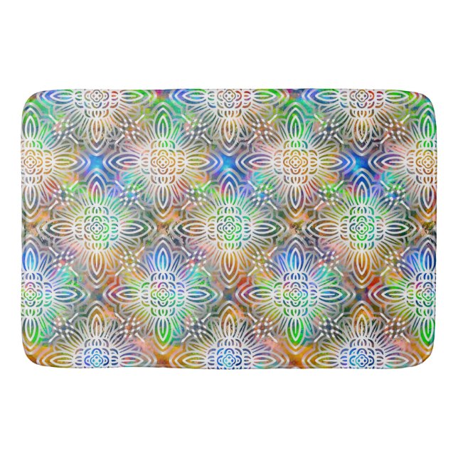 White Mandala Pattern Over Colourful Jewel Tones Bath Mat (Front)