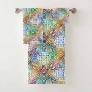 White Mandala Pattern Over Colourful Jewel Tones Bath Towel Set