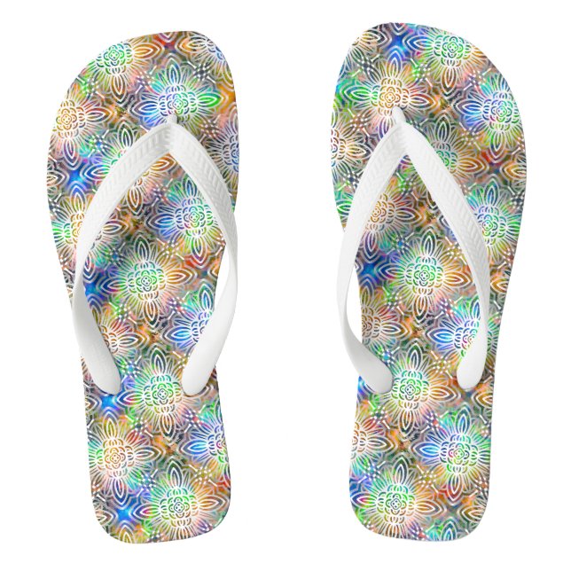 White Mandala Pattern Over Colourful Jewel Tones Flip Flops (Footbed)