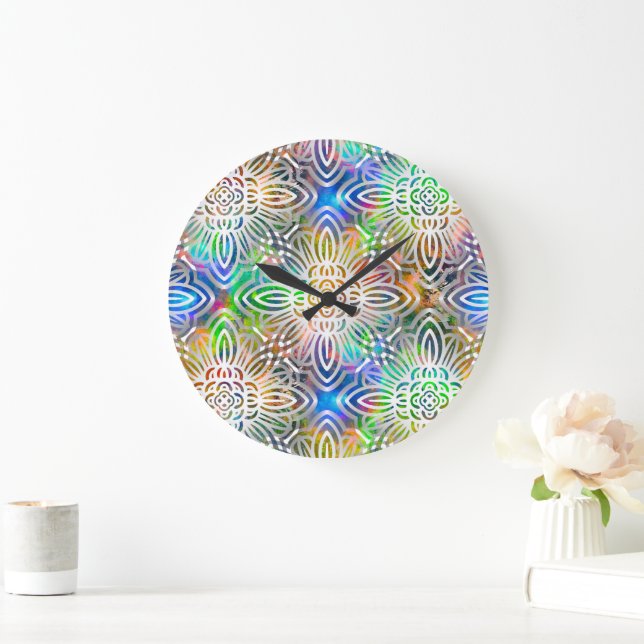 White Mandala Pattern Over Colourful Jewel Tones Large Clock (Home)