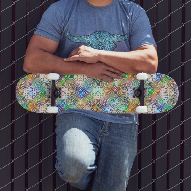 White Mandala Pattern Over Colourful Jewel Tones Skateboard (Outdoor 3)