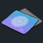 White mandala purple and blue ombre monogram laptop sleeve<br><div class="desc">Elegant white vintage floral ornate mandala over purple and white ombre background.
Optional name monogram.</div>