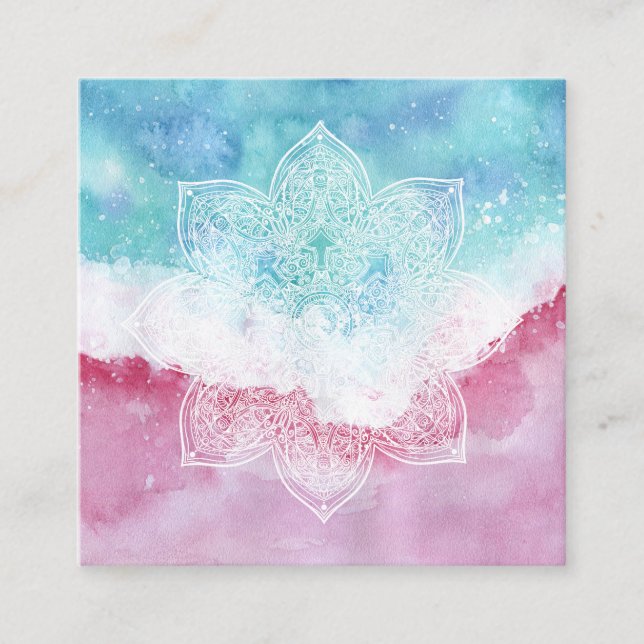 *~* White Mandala Sea Beach Ocean Red White Blue Square Business Card (Front)