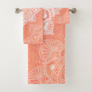 White mandalas on coral marble background bath towel set