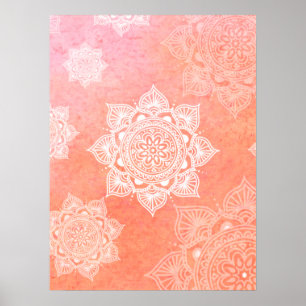 White mandalas on coral marble background poster