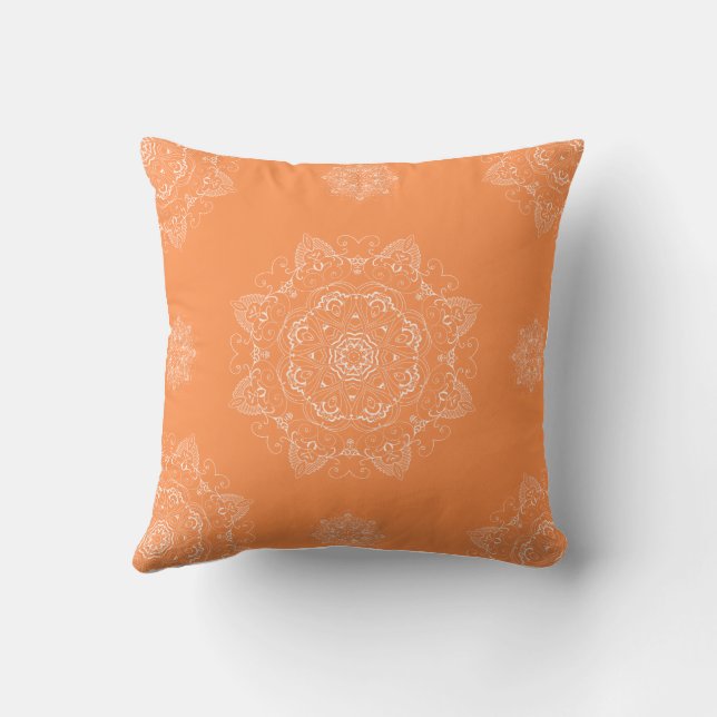White Mandalas on Orange Throw Pillow (Back)