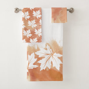 White maple leaf brown watercolor wash, monogram bath towel set