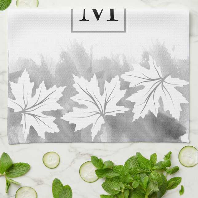 White maple leaf grey watercolor wash, monogram kitchen towel (Folded)
