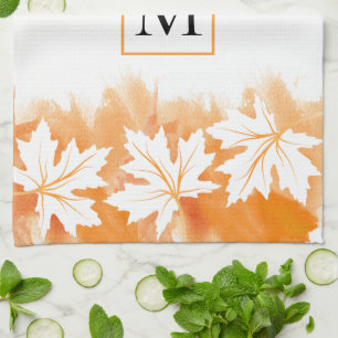 White maple leaf orange watercolor wash, monogram kitchen towel