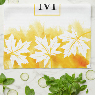 White maple leaf yellow watercolor wash, monogram kitchen towel