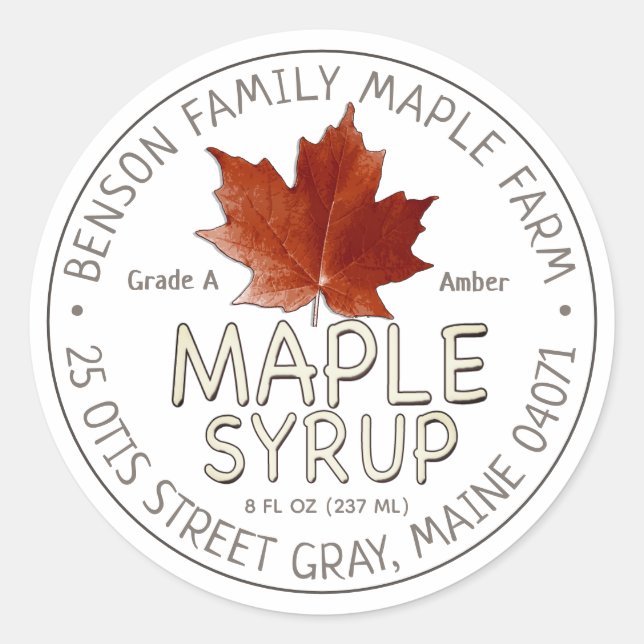 White Maple Syrup Label with Red Sugar Maple Leaf (Front)