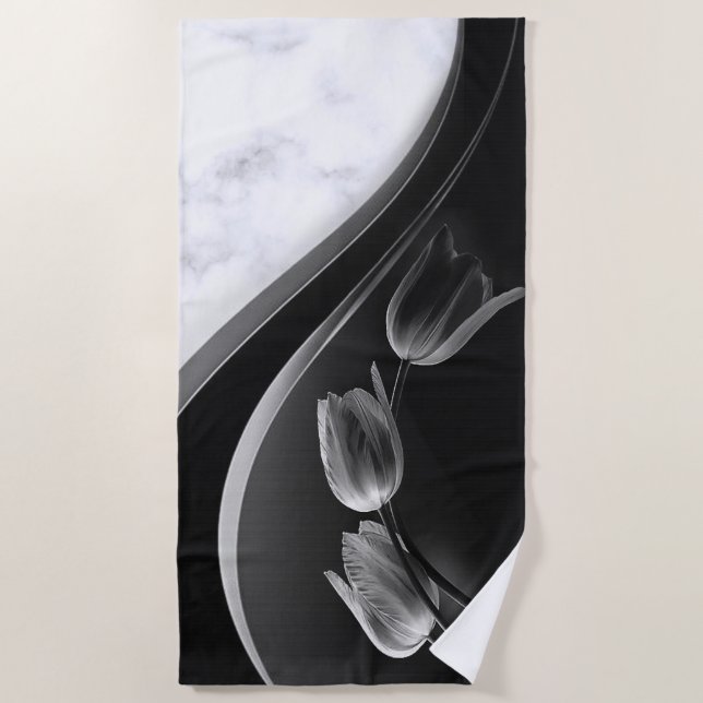 White Marble Abstract Tulips Beach Towel (Front)