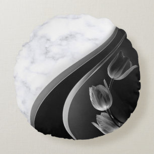White Marble Abstract Tulips Round Pillow