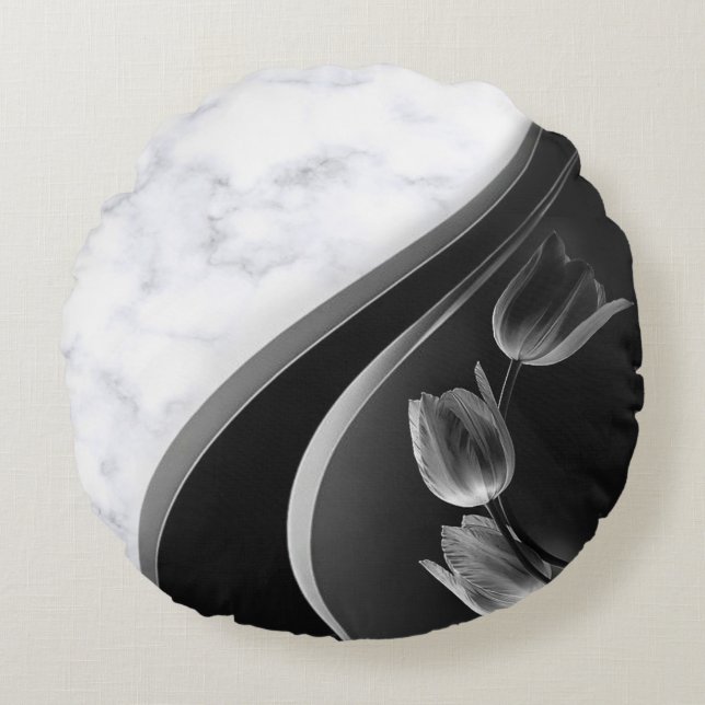 White Marble Abstract Tulips Round Pillow (Front)