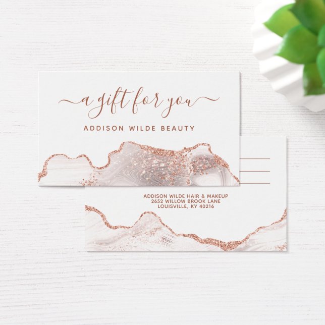 White Marble Agate Rose Gold Business Gift Card (Desk)