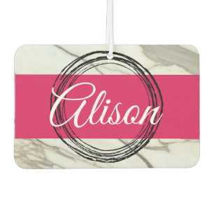 White marble and fuchsia pink girly add name air freshener