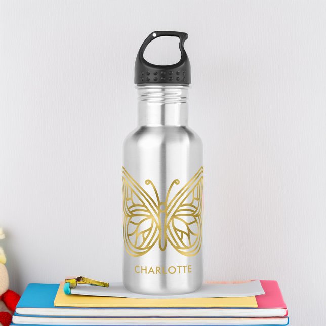 White Marble and Gold Geometric Butterfly 532 Ml Water Bottle (Creator Uploaded)