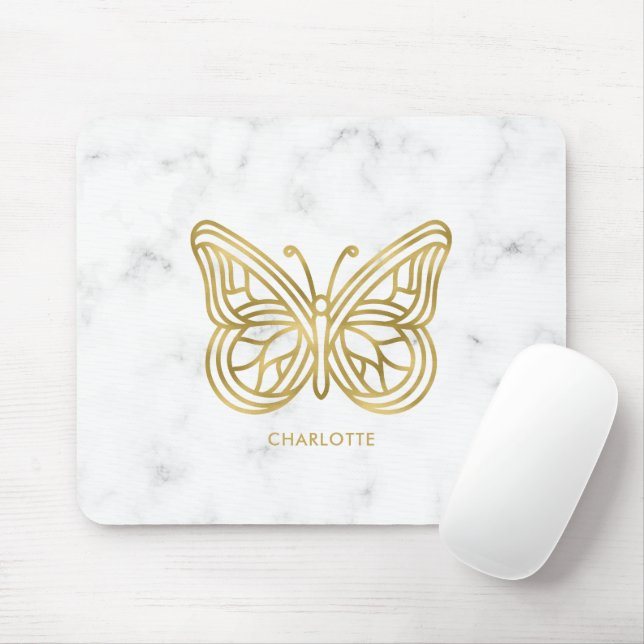 White Marble and Gold Geometric Butterfly Mouse Pad (With Mouse)